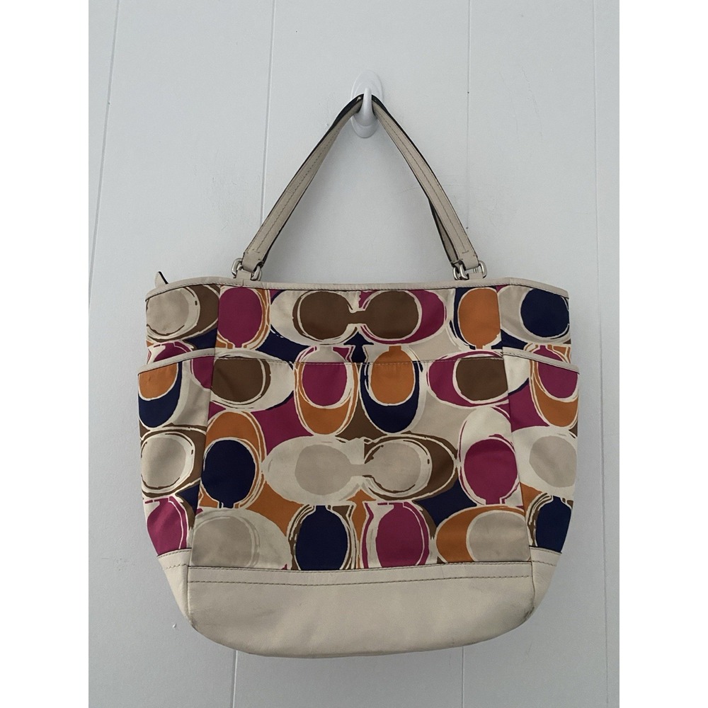 COACH White & Multicolor Part Op Art Satin & Leather Carrie Tote